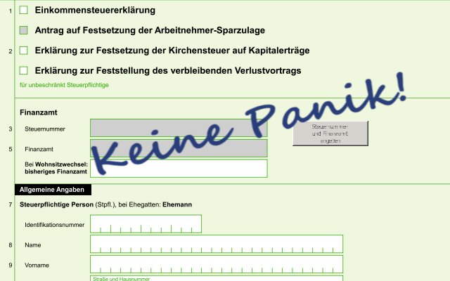 Ausschnitt einer Einkommensteuererklärung mit dem handschriftlichen Vermerk Keine Panik