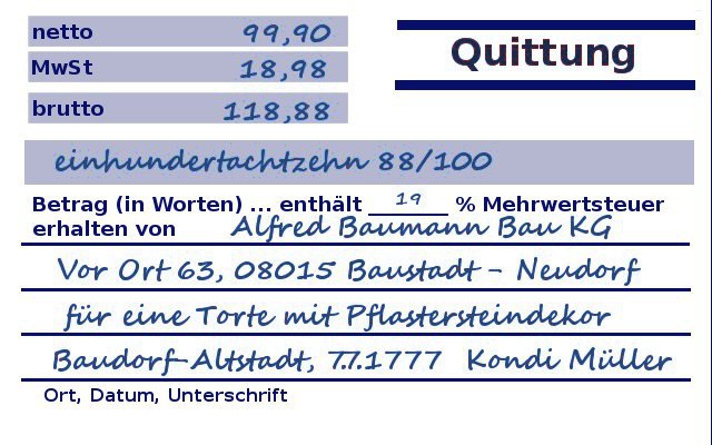 Ausgefüllte Quittung mit Nettobetrag, Mehrwertsteuer und Bruttobetrag